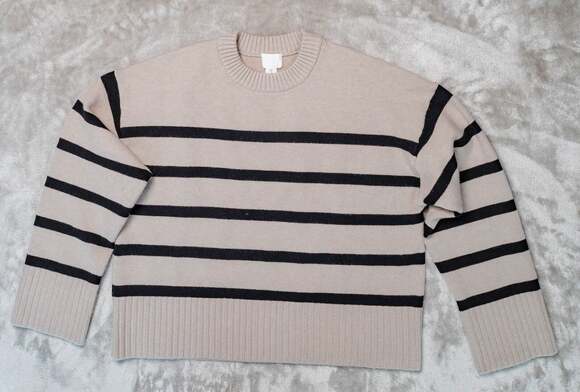 H&M Sweaters - H&M Loose Fit Heather Tan Black Striped Crewneck Sweater Womens Size L